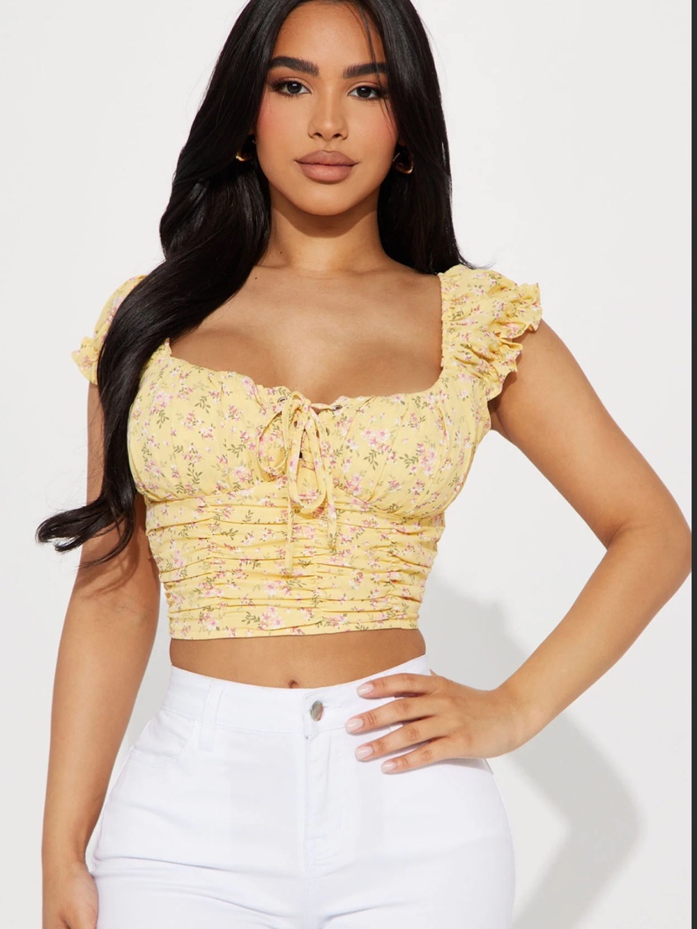Fashion Nova Yellow Floral Smocked Tie-Front Ruffle Crop Top